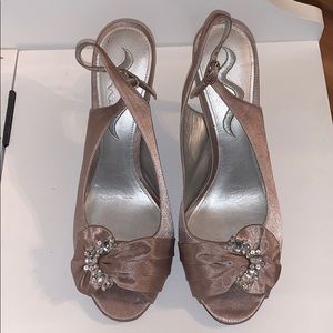 Nina Dark Silver Satin Open Toe Sling Back Heel 10